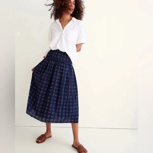 Madewell Pull-On Midi Skirt in Shibori Indigo Plaid elastic waist sz medium
